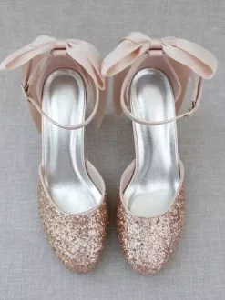 Women's Dress Pumps Glitter Bows Chunky Heel Pumps