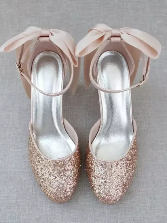 Women's Dress Pumps Glitter Bows Chunky Heel Pumps