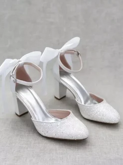 Women's Dress Pumps Glitter Bows Chunky Heel Pumps