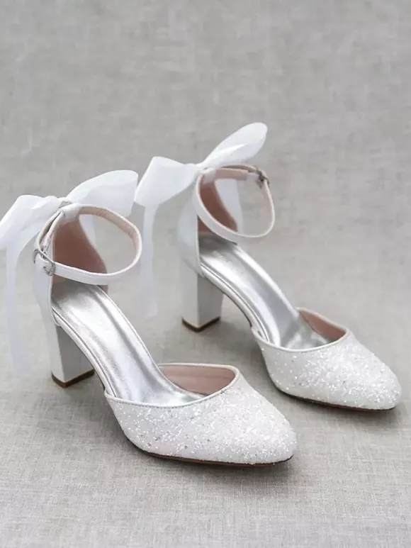 Women's Dress Pumps Glitter Bows Chunky Heel Pumps