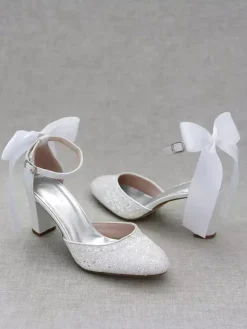 Women's Dress Pumps Glitter Bows Chunky Heel Pumps