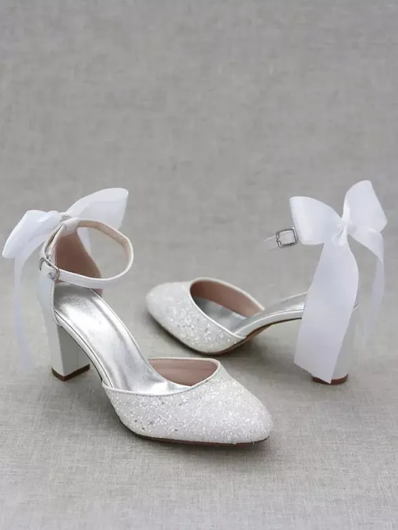 Women's Dress Pumps Glitter Bows Chunky Heel Pumps