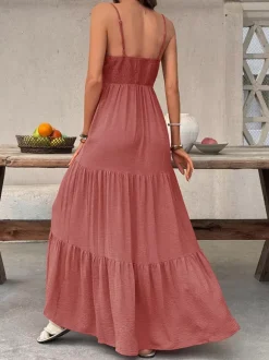 Women's Dusty Rose V Neck Spaghetti Strap Tiered Maxi Dress Sleeveless Flowy Summer Beach Dress