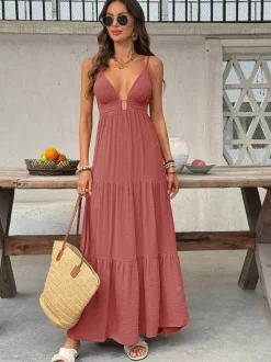 Women's Dusty Rose V Neck Spaghetti Strap Tiered Maxi Dress Sleeveless Flowy Summer Beach Dress