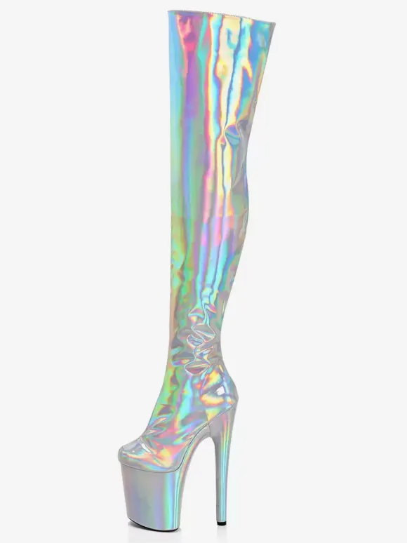 Women Sexy Boots Metallic Platform Round Toe High Heel Thigh High Boots