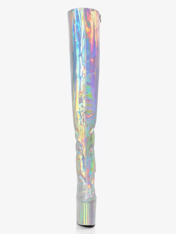 Women Sexy Boots Metallic Platform Round Toe High Heel Thigh High Boots
