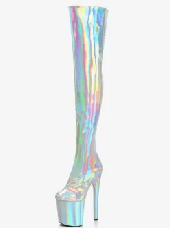 Women Sexy Boots Metallic Platform Round Toe High Heel Thigh High Boots