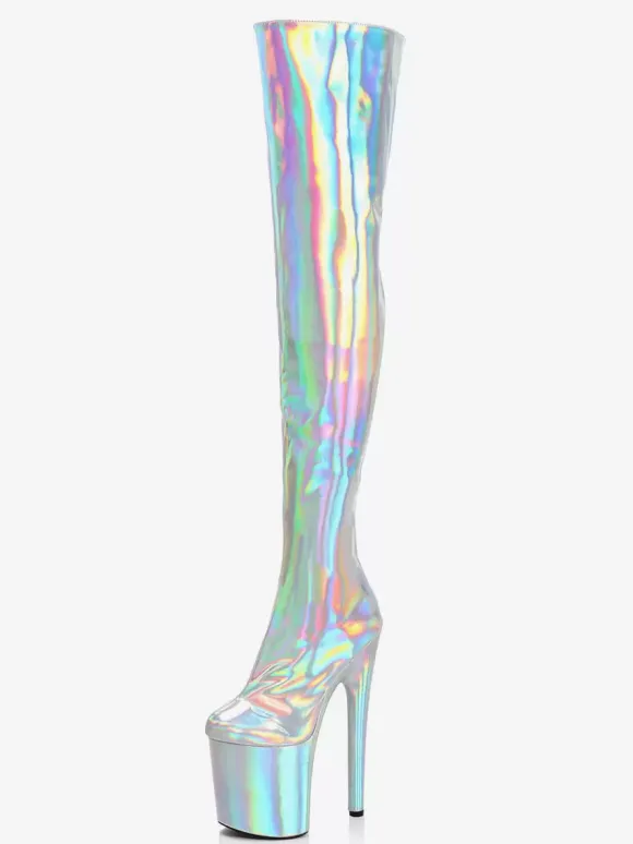 Women Sexy Boots Metallic Platform Round Toe High Heel Thigh High Boots