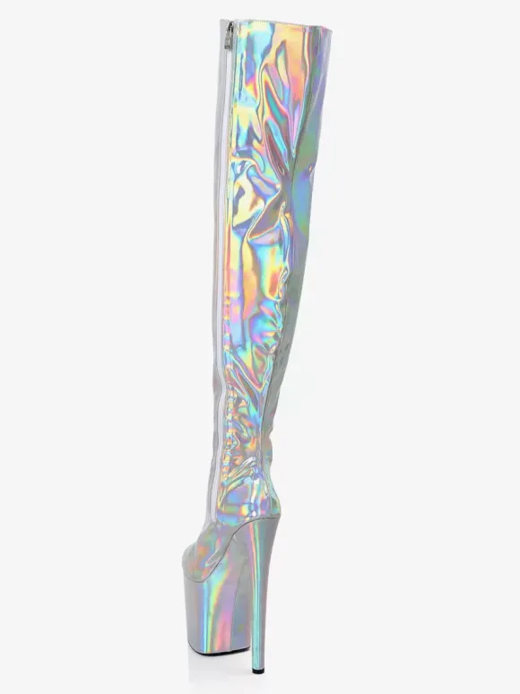 Women Sexy Boots Metallic Platform Round Toe High Heel Thigh High Boots