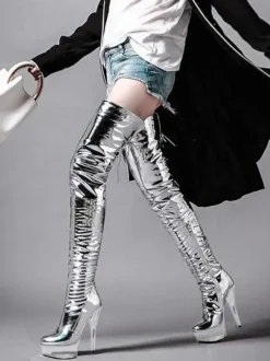 Women Sexy Boots Open Toe Zipper Sequins Stiletto Heel Rave Club Silver Thigh High Boots Over The Knee Boots