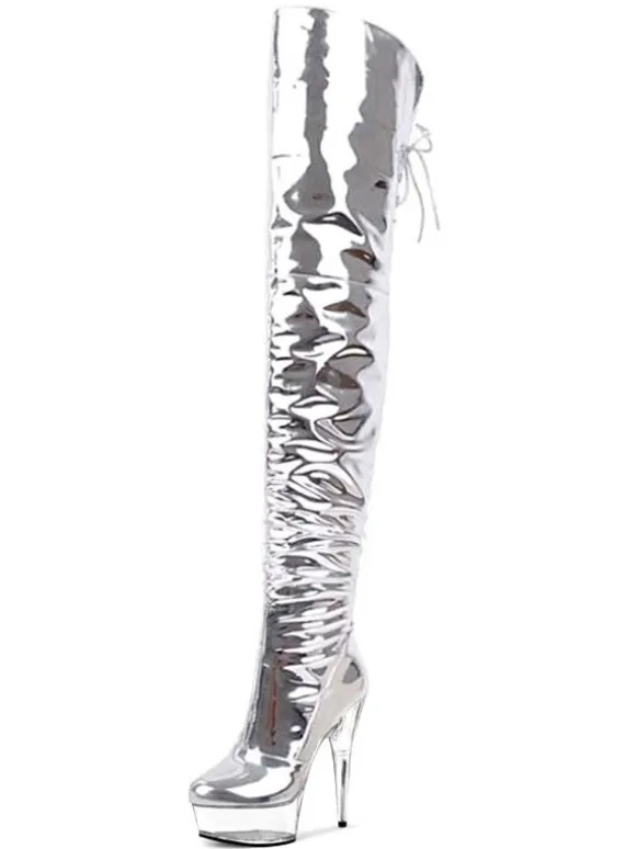 Women Sexy Boots Open Toe Zipper Sequins Stiletto Heel Rave Club Silver Thigh High Boots Over The Knee Boots