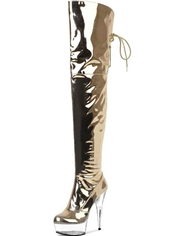 Women Sexy Boots Open Toe Zipper Sequins Stiletto Heel Rave Club Silver Thigh High Boots Over The Knee Boots