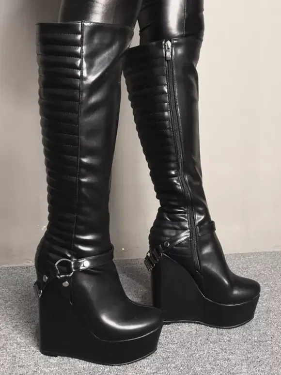 Women Sexy Boots Platform Wedge Heel Rave Club Black Knee Length Boots