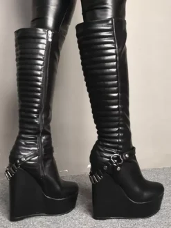 Women Sexy Boots Platform Wedge Heel Rave Club Black Knee Length Boots