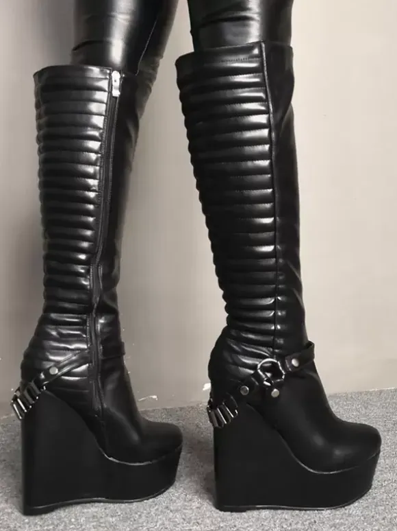 Women Sexy Boots Platform Wedge Heel Rave Club Black Knee Length Boots