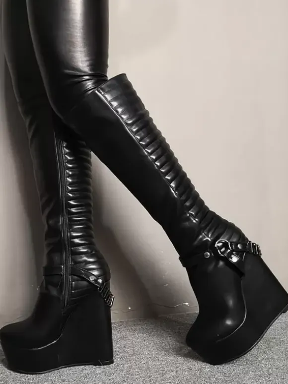 Women Sexy Boots Platform Wedge Heel Rave Club Black Knee Length Boots
