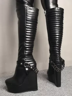 Women Sexy Boots Platform Wedge Heel Rave Club Black Knee Length Boots