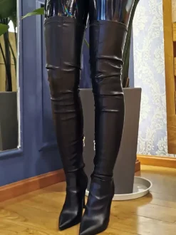 Women Sexy Boots Plus Size Pointed Toe Slip-On Stiletto Heel Black Thigh High Over The Knee Boots