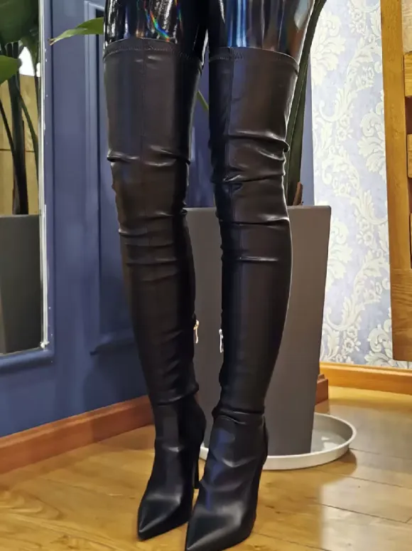 Women Sexy Boots Plus Size Pointed Toe Slip-On Stiletto Heel Black Thigh High Over The Knee Boots