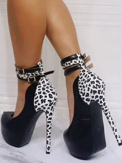 Women Sexy High Heels Black Round Toe PU Leather Sexy Ankle Strap Heels