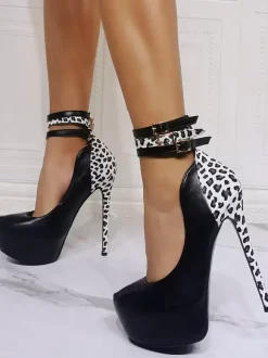 Women Sexy High Heels Black Round Toe PU Leather Sexy Ankle Strap Heels