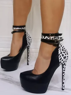 Women Sexy High Heels Black Round Toe PU Leather Sexy Ankle Strap Heels