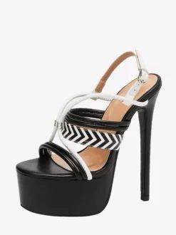 Women Sexy Sandals Black PU Leather Open Toe Platform Strappy Sandals