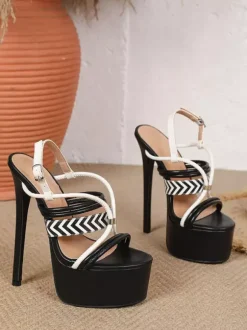 Women Sexy Sandals Black PU Leather Open Toe Platform Strappy Sandals