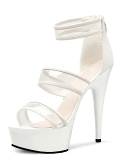 Women Sexy Sandals For Women Black PU Leather Peep Toe Stiletto Heel Ankle Strap Heels