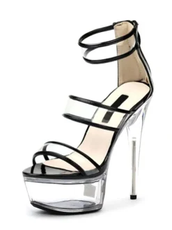Women Sexy Sandals For Women Black PU Leather Peep Toe Stiletto Heel Ankle Strap Heels