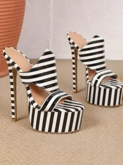 Women Sexy Sandals White Stripe Platform Open Toe High Heel Sandals