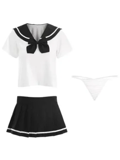 Women Sexy School Girl Costume 3-Piece Set Black Mini Skirt T-Back Top Outfits