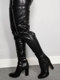 Women Sexy Thigh High Boots Round ToeChunky Heel Rave Club Black Over The Knee Boots