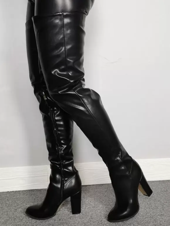 Women Sexy Thigh High Boots Round ToeChunky Heel Rave Club Black Over The Knee Boots