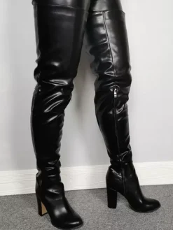 Women Sexy Thigh High Boots Round ToeChunky Heel Rave Club Black Over The Knee Boots