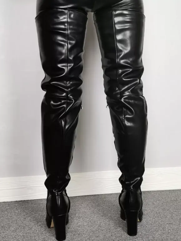 Women Sexy Thigh High Boots Round ToeChunky Heel Rave Club Black Over The Knee Boots