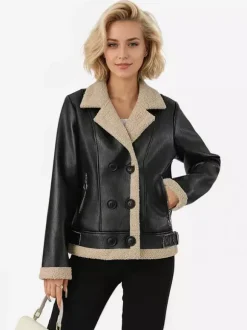 Women's Faux Shearling Lined Leather Jacket Lapel Double Breasted Warm Winter Biker Coat
