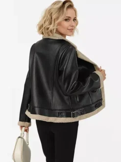 Women's Faux Shearling Lined Leather Jacket Lapel Double Breasted Warm Winter Biker Coat