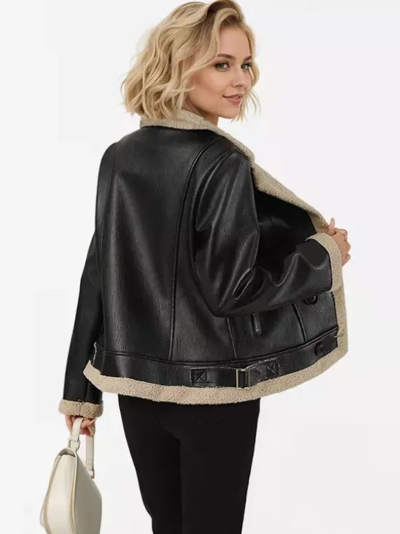 Women's Faux Shearling Lined Leather Jacket Lapel Double Breasted Warm Winter Biker Coat