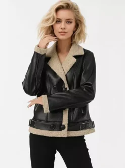 Women's Faux Shearling Lined Leather Jacket Lapel Double Breasted Warm Winter Biker Coat