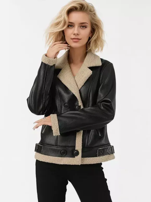 Women's Faux Shearling Lined Leather Jacket Lapel Double Breasted Warm Winter Biker Coat