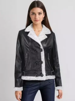 Women's Faux Shearling Lined Leather Jacket Lapel Double Breasted Warm Winter Biker Coat