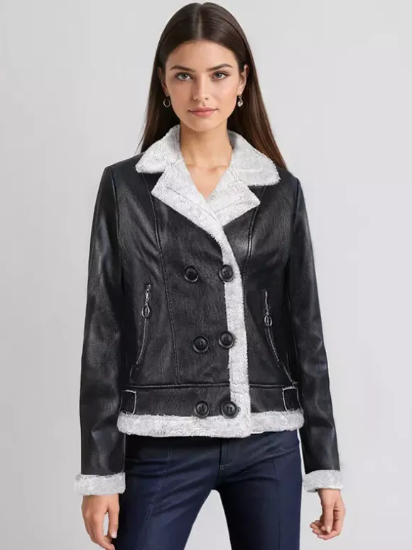 Women's Faux Shearling Lined Leather Jacket Lapel Double Breasted Warm Winter Biker Coat
