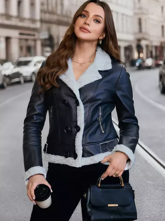 Women's Faux Shearling Lined Leather Jacket Lapel Double Breasted Warm Winter Biker Coat