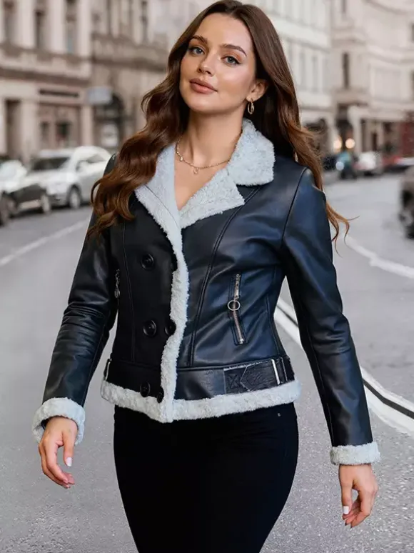 Women's Faux Shearling Lined Leather Jacket Lapel Double Breasted Warm Winter Biker Coat