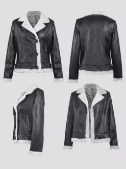 Women's Faux Shearling Lined Leather Jacket Lapel Double Breasted Warm Winter Biker Coat