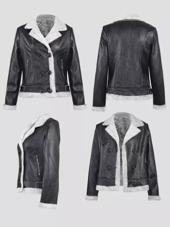 Women's Faux Shearling Lined Leather Jacket Lapel Double Breasted Warm Winter Biker Coat