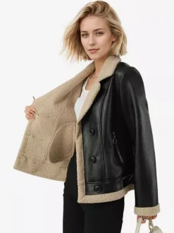 Women's Faux Shearling Lined Leather Jacket Lapel Double Breasted Warm Winter Biker Coat