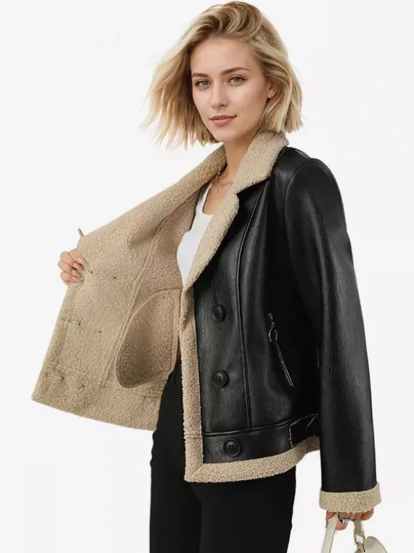 Women's Faux Shearling Lined Leather Jacket Lapel Double Breasted Warm Winter Biker Coat