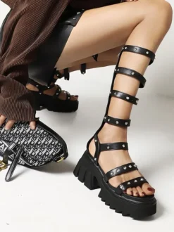 Women's Flatform Sandals Black Rivets PU Leather Gladiator Sandals